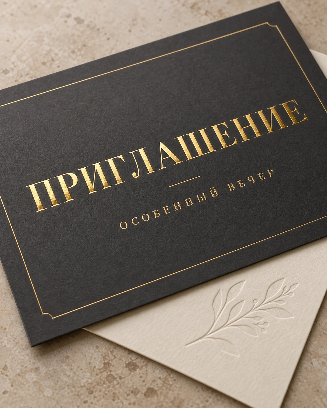 Тиснение и фольгирование — образец смежной услуги, кадр 4; Золотая надпись на тёмном приглашении и рельефный узор на, ПЕЧАТЬ32, заказ с получением в Воронеже, «Приглашения»