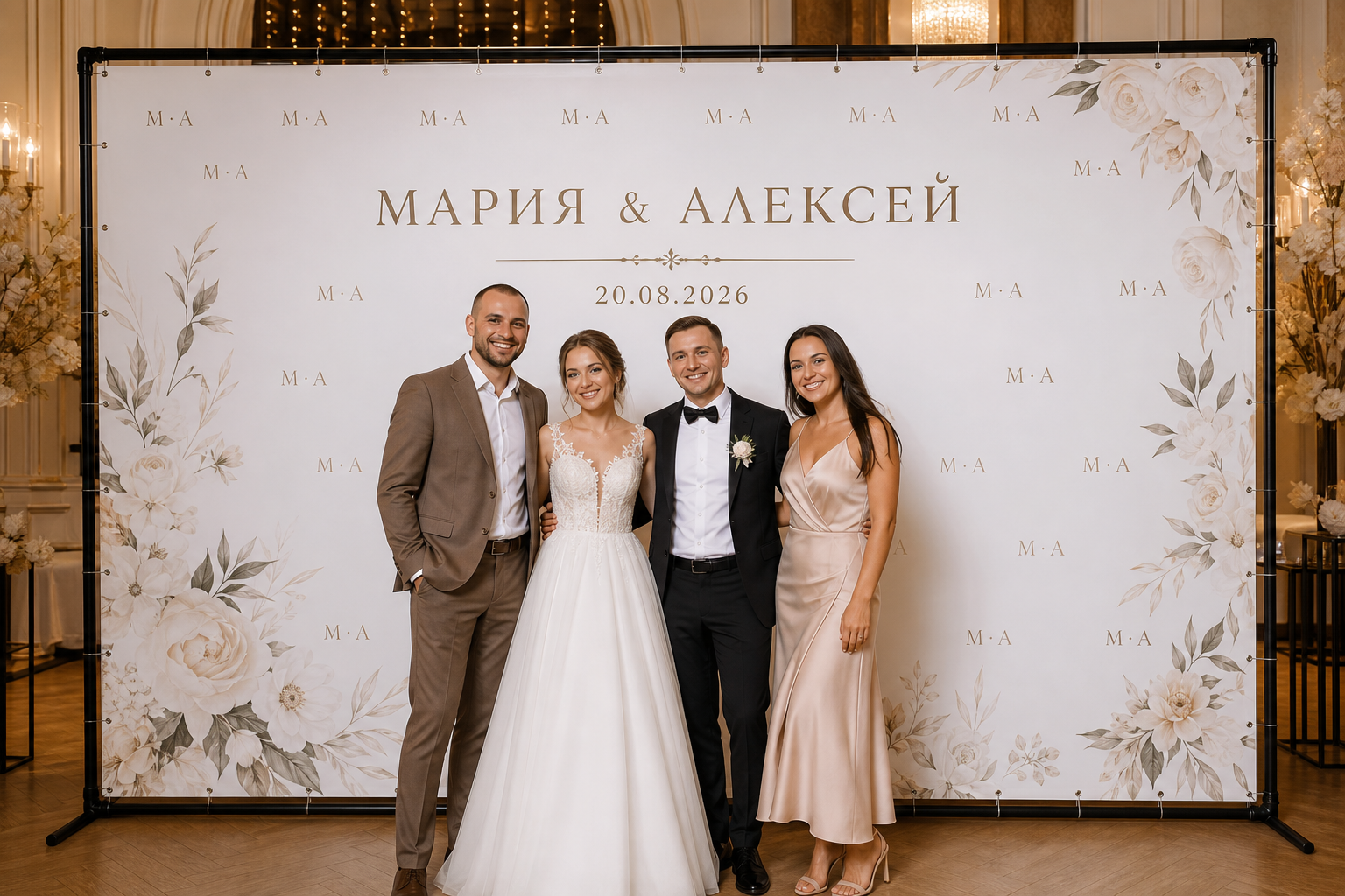 Гости фотографируются у прямоугольного свадебного Press Wall