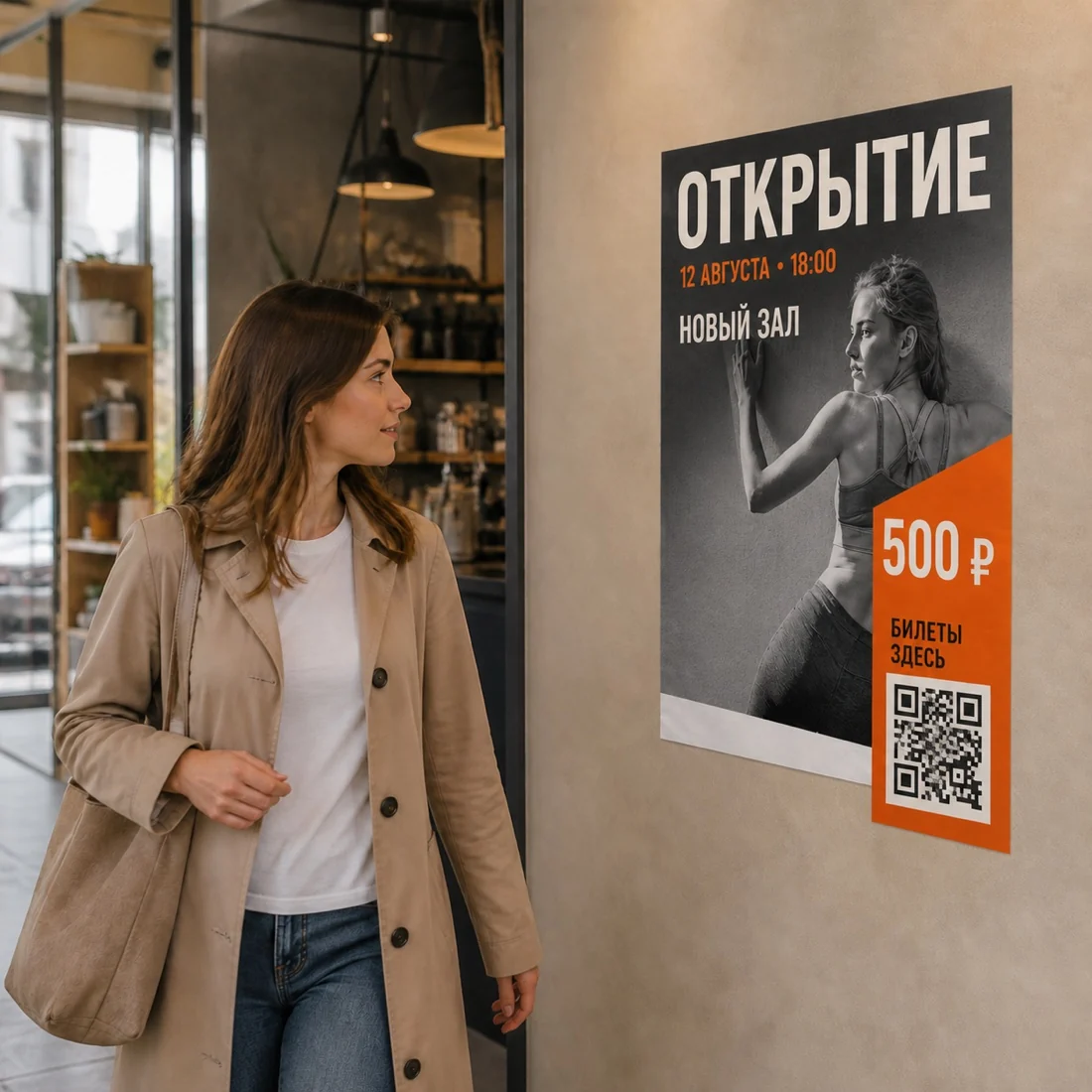 Прохожая замечает бумажный плакат с событием, датой, ценой и QR-кодом; для заказа в Воронеже