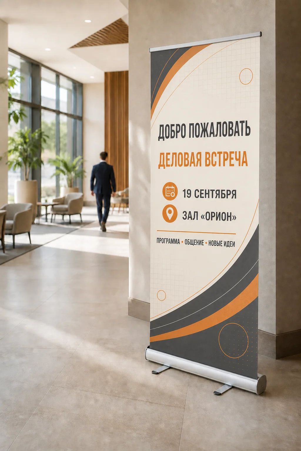 Roll-up стенды — образец смежной услуги, кадр 1; Roll-up с насыщенным русским макетом в лобби делового центра, ПЕЧАТЬ32, заказ с получением в Воронеже, «Штендеры»