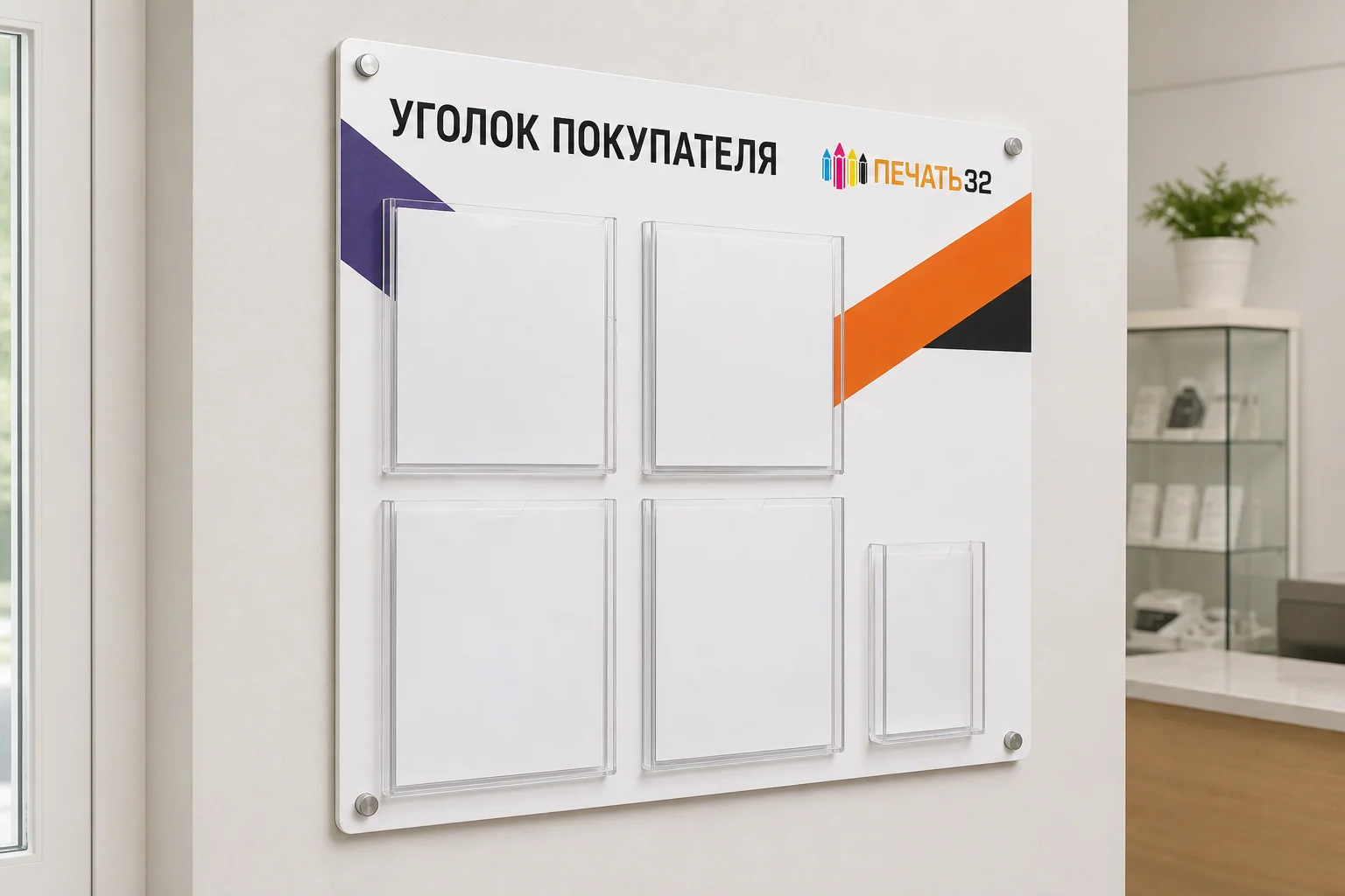 Уголок покупателя из ПВХ с прозрачными карманами; для заказа в Воронеже