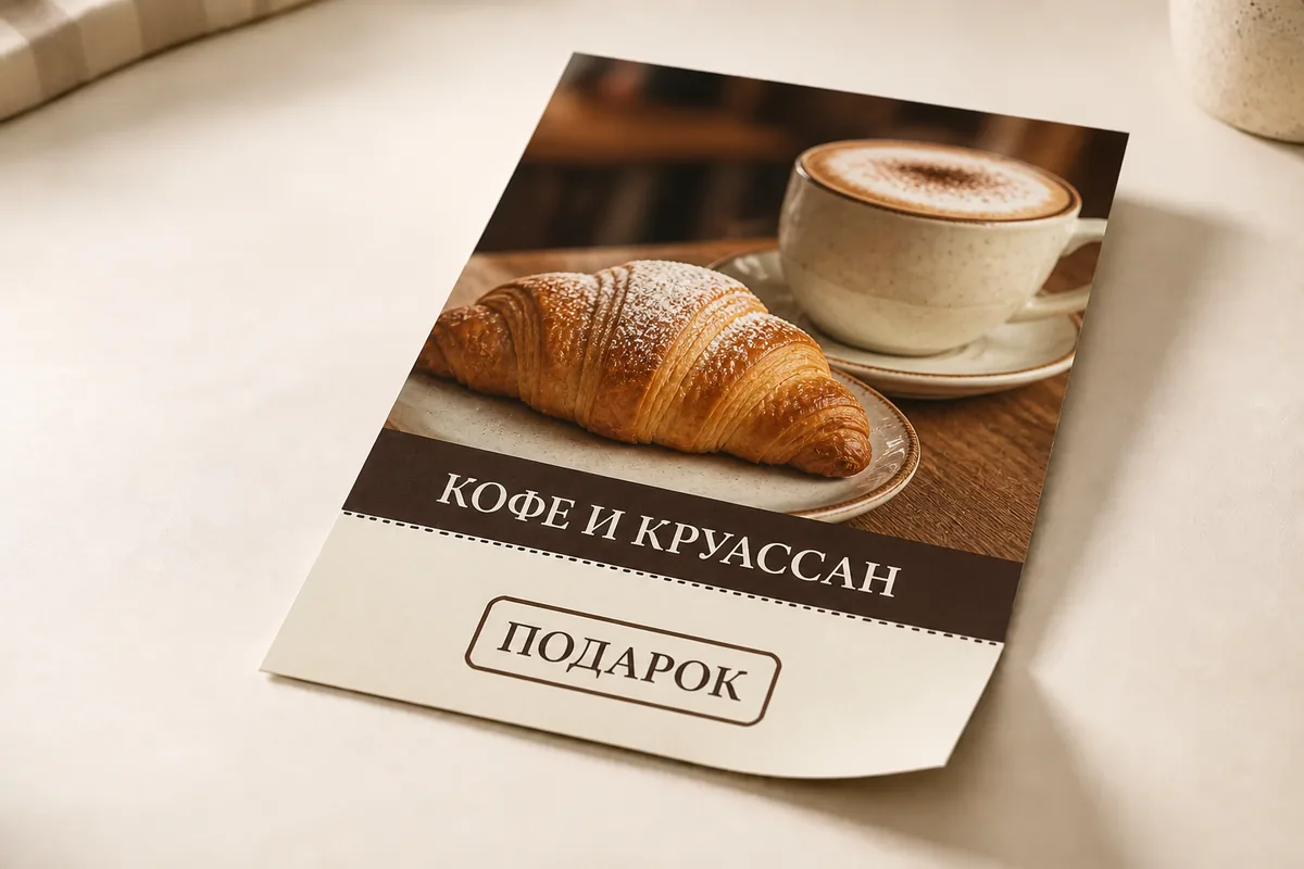Листовка кафе формата A5 с профессиональной перфорацией и отрывным купоном; для заказа в Воронеже