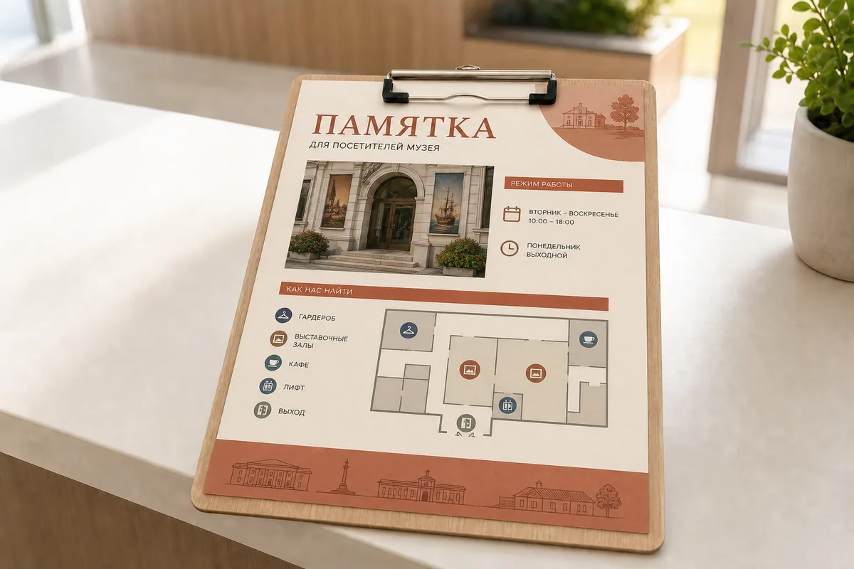 Памятка для посетителей музея формата A4 со схемой и режимом работы; для заказа в Воронеже