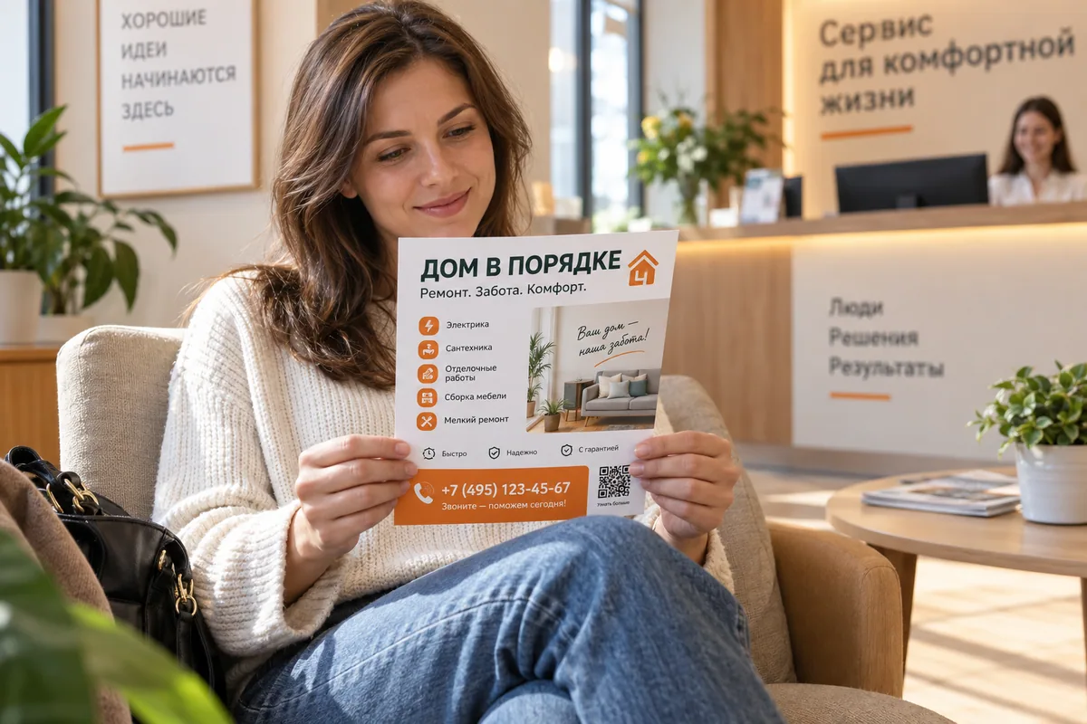 Клиент читает листовку A5 с услугами компании