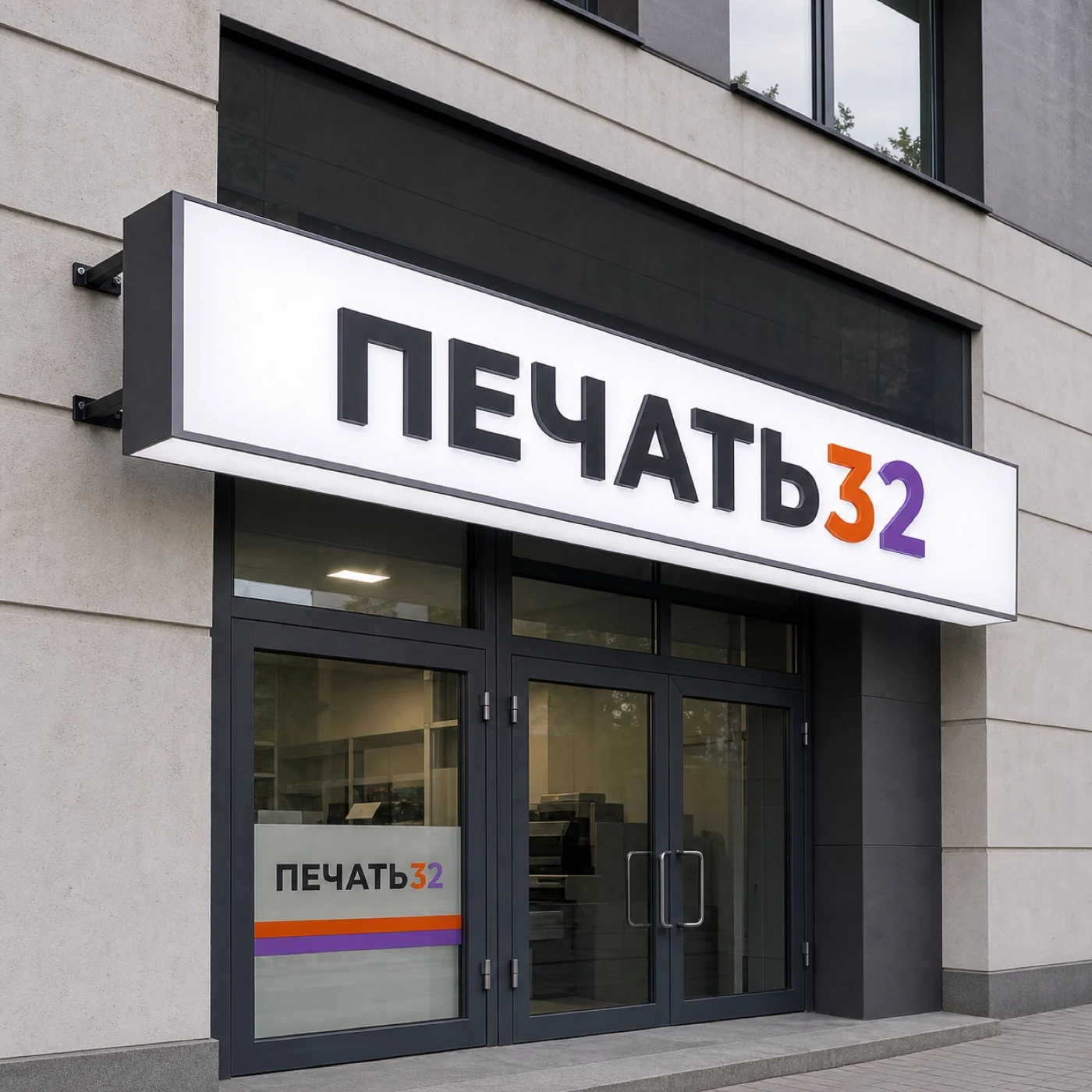 ПЕЧАТЬ32: Вывески — образец смежной услуги, кадр 3; Фирменная плоская фасадная вывеска без подсветки, получение в Воронеже, страница «Таблички»